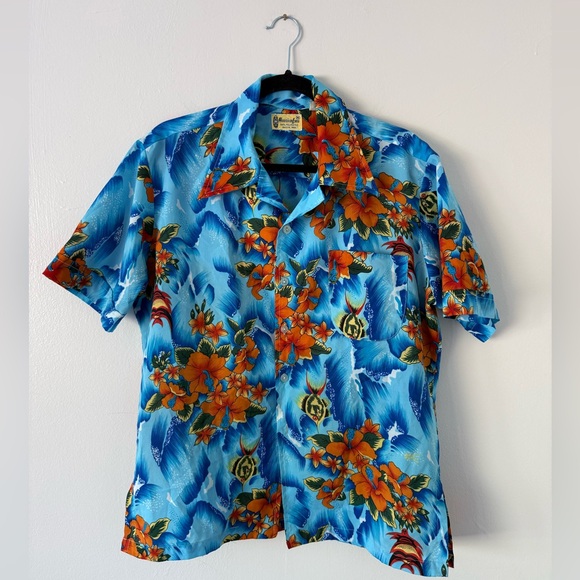Vintage Other - Vintage 70s Authentic Hawaiian Luau Shirt Mens M Hibiscus Floral Ocean Blue